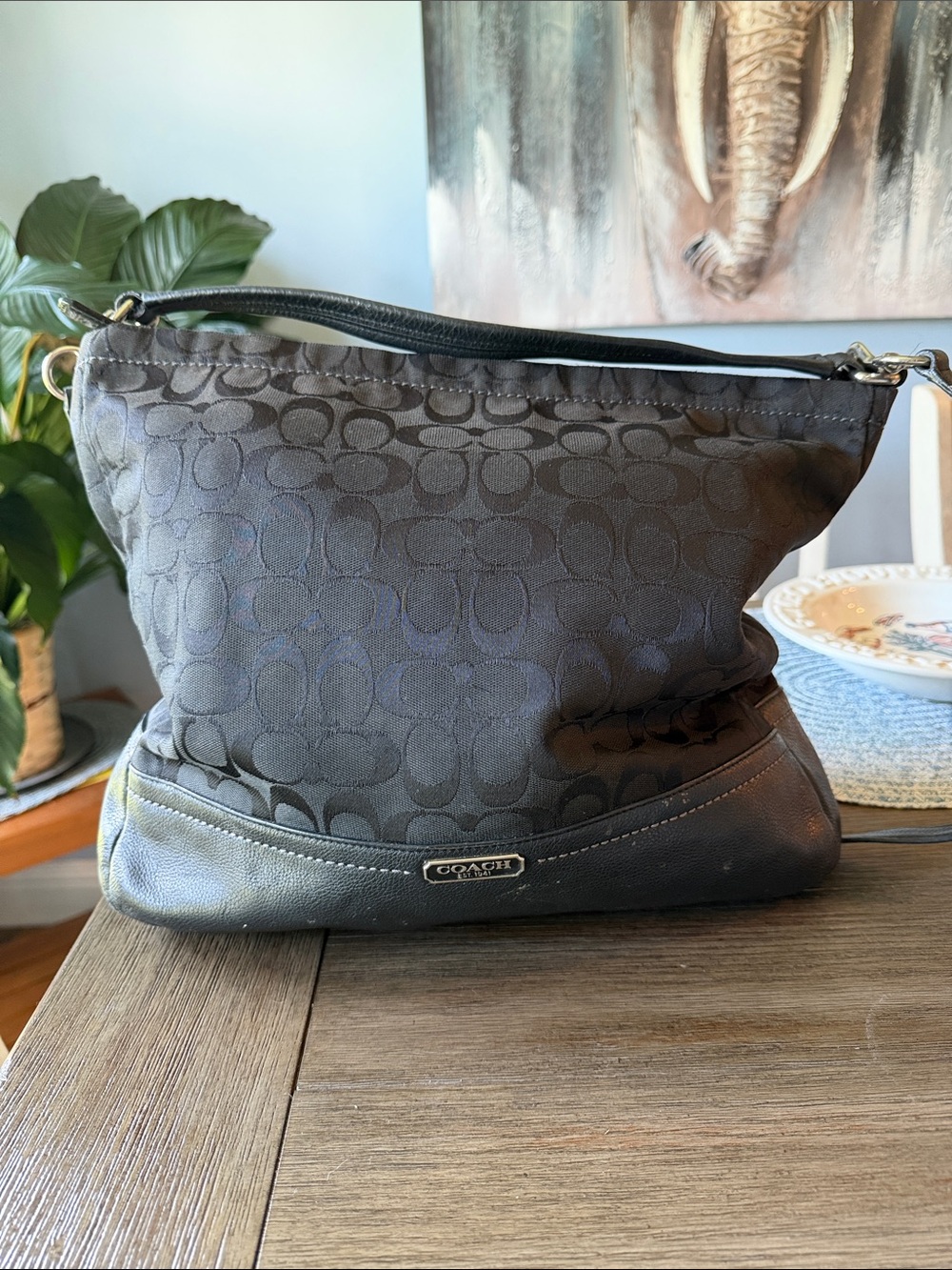 Coach Black Signature Jacquard Shoulder Bag with Leather Trim